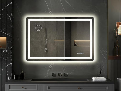 YITAHOME 48 x 32 Inches LED Bathroom Mirror, Front Light and Backlit, Motion Sensor, 10X Magnifying Glass, 3 Colors Dimmable, 5mm Tempered Glass, Anti-Fog, Wall Mounted Mirror-Horizontally Only