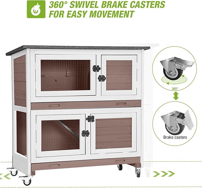 2-Story Rabbit Hutch Indoor Bunny Cage Wooden Guinea Pig House with Chew-Proof Ramp, Leakproof Slide-Out Trays, Lockable Caster Wheels for 1-3 Rabbits (Brown)-Mewly Pet