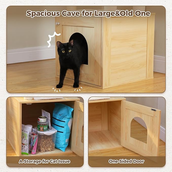 PEQULTI 57.5" Cat Tree with Litter Box Enclosure Large, Wood Cat Tower for Indoor Cats with Storage Cabinet and Cozy Cat Condo, Sisal Covered Scratching Post and Repalcable Dangling Balls, Beige-Mewly Pet