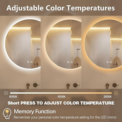 Niccy Round Led Mirror for Bathroom, 24" Circle Frameless Backlit Mirror wiht Light, Anti-Fog, 3 Colors, Waterproof, Memory Function