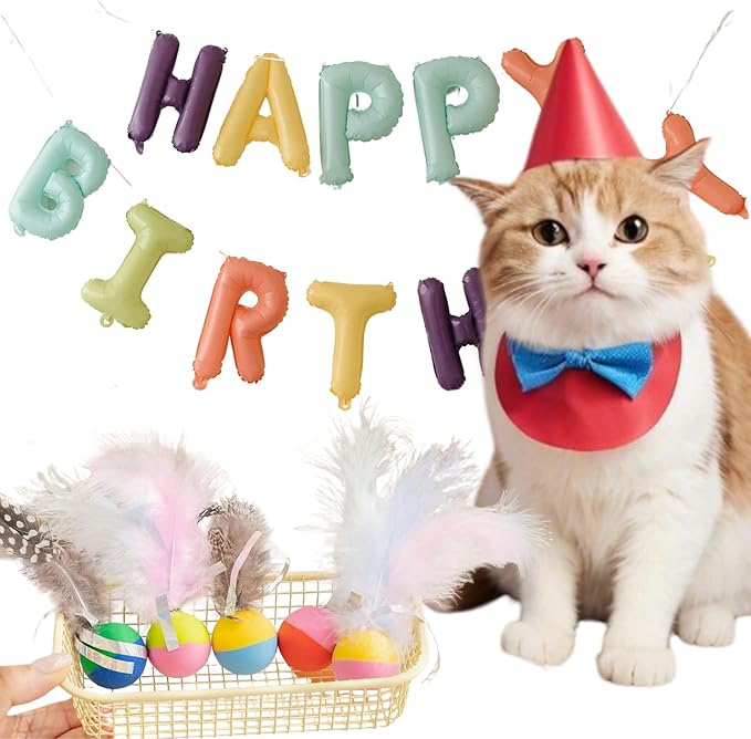 Plumed Cat Ball Toy for Indoor Cats, Assorted Color, Silicone Bouncy Ball Toy Set (5PCS)-Mewly Pet