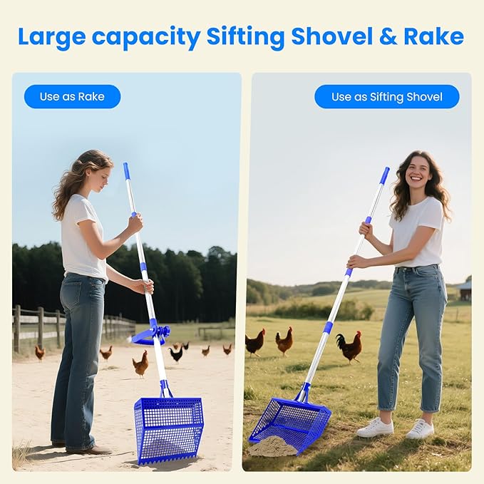 Chicken Poop Scooper Rake 2-in-1, Metal Shovel Head Chicken Coop Accessories, Adjustable 304 Stainless Steel Handle, Litter Scooper Sand Sifting for Chicken Coops Small Farm Animals(36" to 62")-Mewly Pet