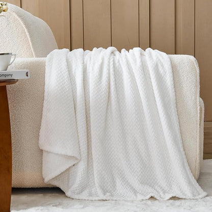 NEWCOSPLAY Super Soft King Blanket White Premium Silky Flannel Fleece Leaves Pattern Lightweight Bed Blanket All Season Use (White, King(90"x110"))