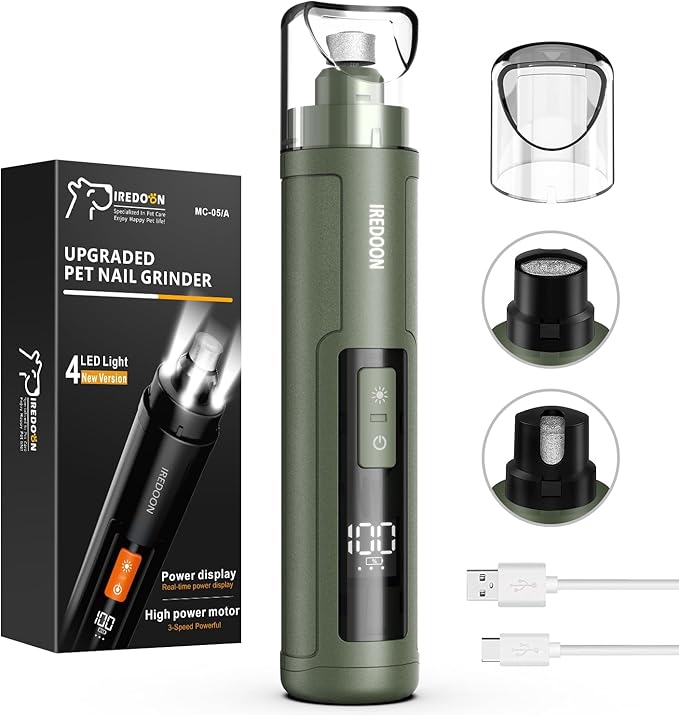 Dog Nail Grinder Upgraded - Professional 3-Speed Super Quiet and Low Vibration Electric Pet Nail Grinder with 4 LED Lights - Painless Paws Grooming & Smoothing for Small to Large Dogs (Green)-Mewly Pet