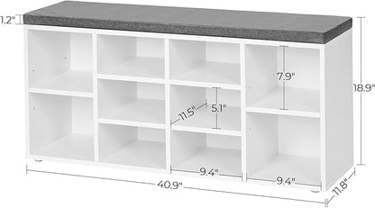 VASAGLE CUSTOS Collection - Shoe Bench, Storage Bench with Padded Seat, Entryway Bench with 10 Compartments, for Bedroom, 11.8 x 40.9 x 18.9 Inches, Cloud White and Dove Gray ULHS010W01