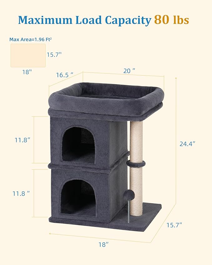 24in Cat Tree Tower with Scratching Post, 19 * 16.5in Window Perch for Large Cats, 2 Cat Condo Cubbies for Indoor Kittens, Dark Gray-Mewly Pet