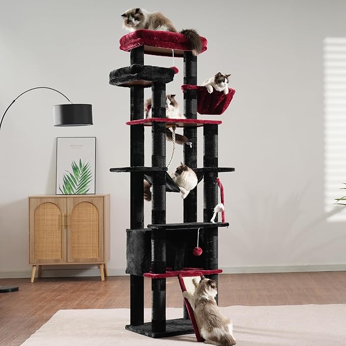 Heybly Tall Cat Tree, 78-inch Multi-Level Cat Tower for Indoor Cats, 2 Widened Plush Perches Cat Condo with Scratching Board and Big Caves, Black and Red HCT033BR-Mewly Pet