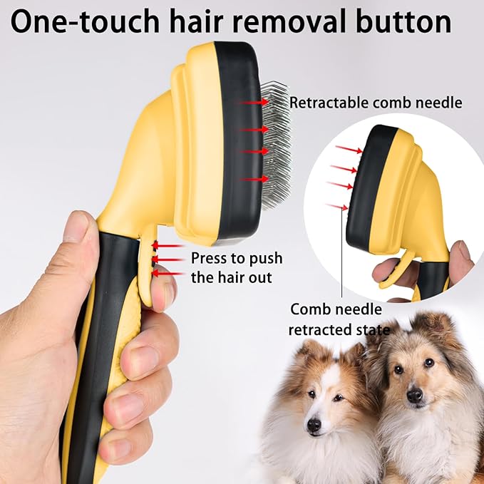 Self cleaning slicker brush for dogs and cats, skin-friendly grooming cat brush, easy-to-clean dog hair brush, depilatory brush, hair brush puppy brush, pet cleaning accessories (Yellow)-Mewly Pet