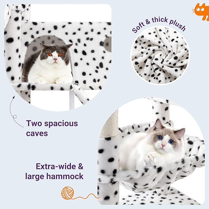 Allewie 81 Inches Tall Cat Tree/Multi-Level Large Climbing Tree House and Towers for Big Feline/Condo and Hammock/Scratching Post/Wide Base/White & Black Spot-Mewly Pet