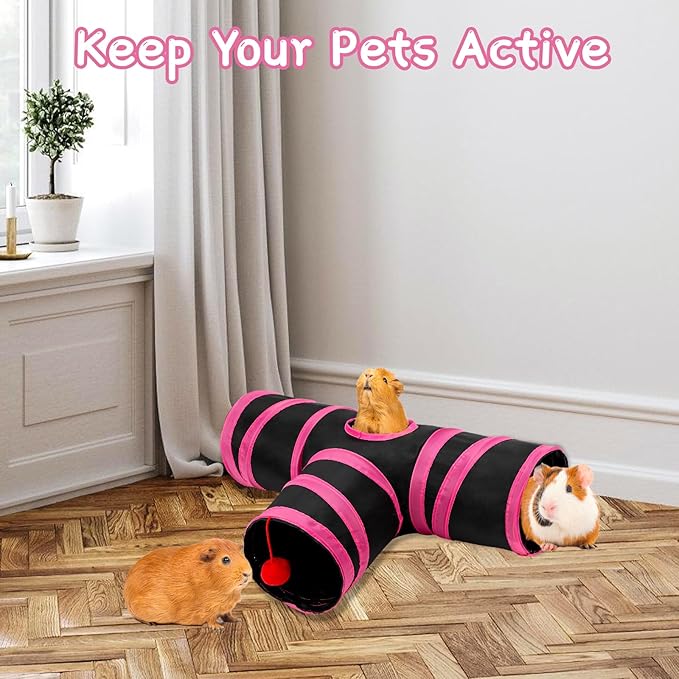 Rypet Guinea Pig Tunnel, 3 Way Collapsible Rabbit Tunnel, Small Pet Tunnels and Tubes with Interactive Ball for Rabbit Ferret Hamster Chinchilla Hedgehog Hiding and Resting-Mewly Pet