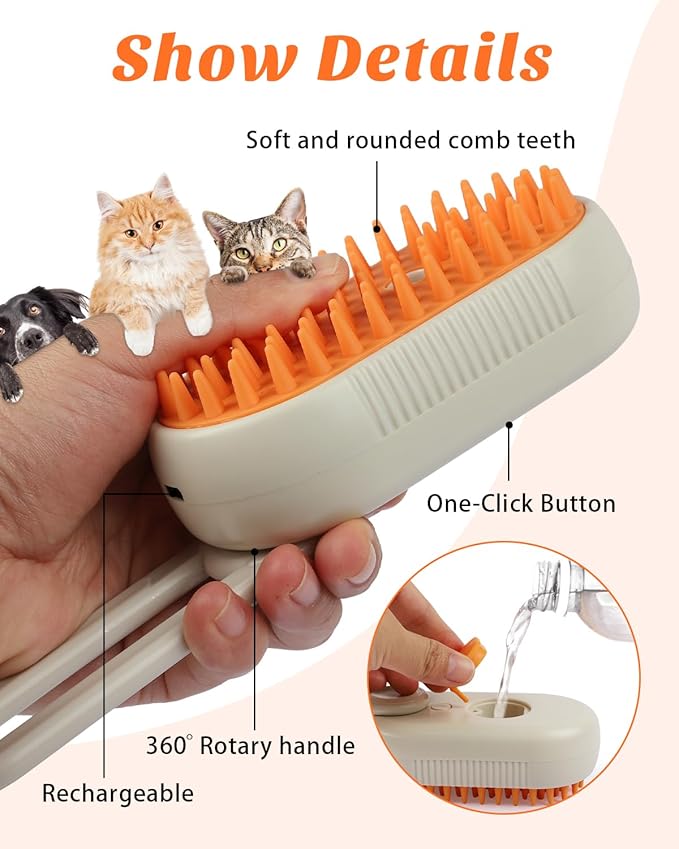 6 in 1 Cat Steam Brush for Shedding, Portable Anti-Static Grooming Comb for Cats & Dogs, Steam Misting Water Brush, Self-Cleaning Pet Hair Remover, Indoor Cat Spray Brushes for Cats & Dogs-Mewly Pet
