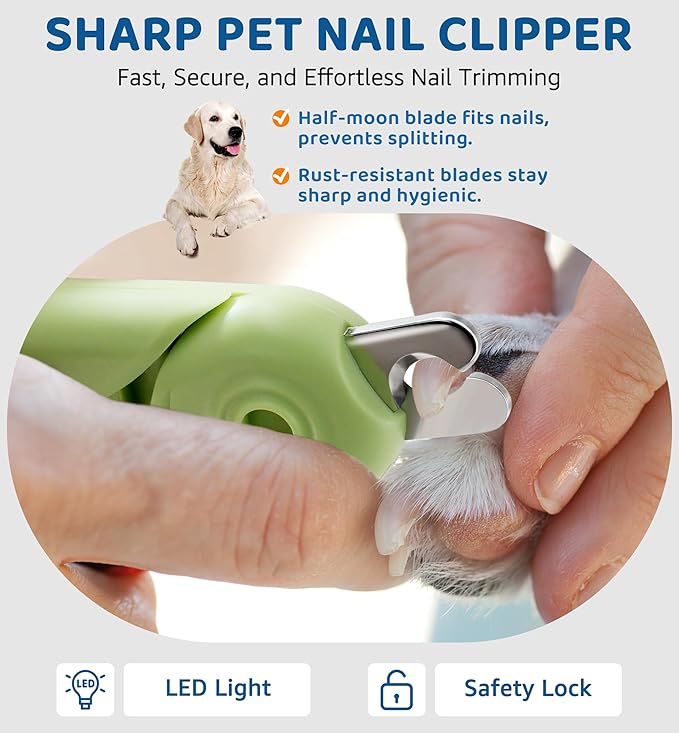 Pet Nail Clipper with Light for Cats & Small Dogs Puppies, Ultra Bright LED to Illuminate Nail Bloodline to Avoid Over Cutting, Extra-Sharp and Durable Cat Claw Trimmer with Nail File (Green)-Mewly Pet