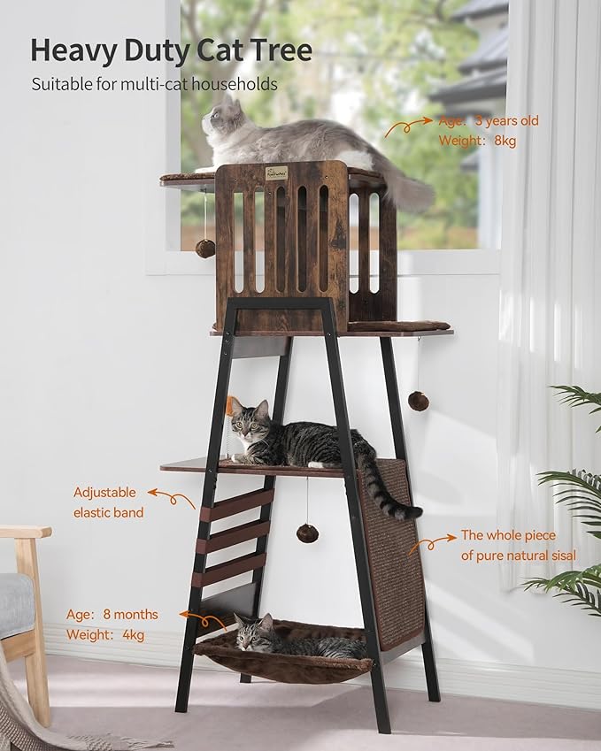 FourFurPets Modern Cat Tree, 58-Inch Cat Tower for Large Cats, Maine Coon Cat Tree with Scratching Board, Large Perch, Hammock and Removable Pads, Rustic Brown-Mewly Pet