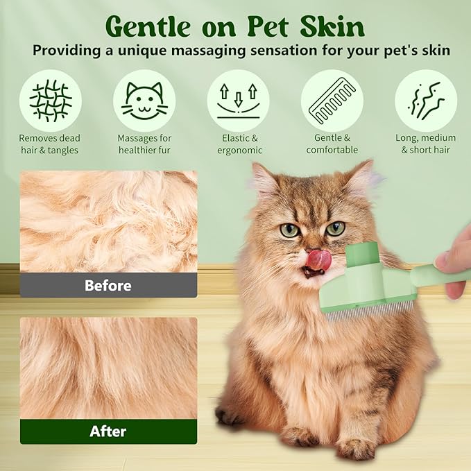 Pet Hair Removal Comb Flea Comb, 2025 New Cat Grooming Brush with Release Button, De-Shedding Cat Brush for Short and Long Hair Cats (Yellow+Green)-Mewly Pet