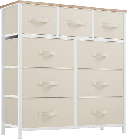 YITAHOME Dresser with 9 Drawers - Fabric Storage Tower, Organizer Unit for Living Room, Hallway, Closets - Sturdy Steel Frame, Wooden Top & Easy Pull Fabric Bins (Cream White)