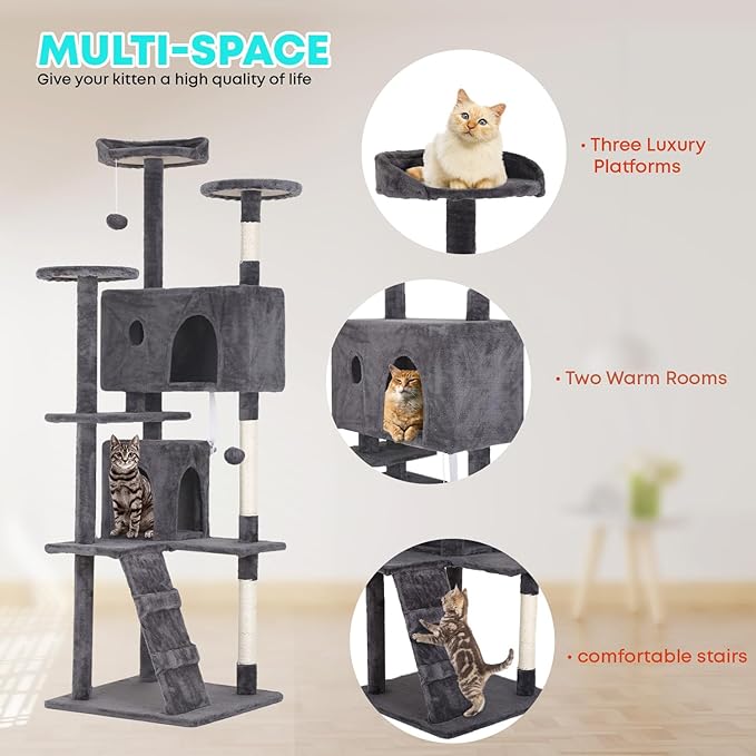 FDW Cat Tree 70in Cat Tower Multi-Level Durable Cat Scratching Post & Cozy Fun Cat Jumping Platform Space Saving Cat Condo Pet Play House for Indoor Cats,Light Gray-Mewly Pet