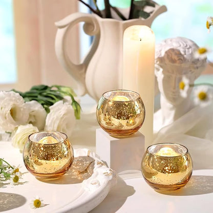 12pcs Gold Round Votive Candle Holders,Glass Gold Mercury Glass Votive Candle Holders Round Tealight for Christmas Decoration, Table Centerpieces, Weddings, Shower Gift