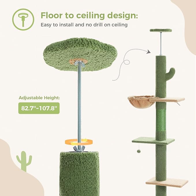PEQULTI Floor to Ceiling Cat Tree, Tall Cat Tower, Adjustable Height (83''-108'') 5 Levels Climbing Tree for Indoor Cats with Cat Condo, Cozy Hammock and Scratching Post, Green-Mewly Pet