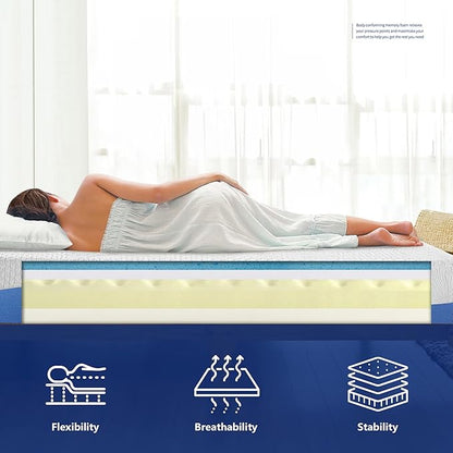Olee Sleep King Mattress, 10 Inch Gel Memory Foam Mattress, Gel Infused for Comfort and Pressure Relief, CertiPUR-US Certified, Bed-in-a-Box, Medium Firm, Blue, King Size