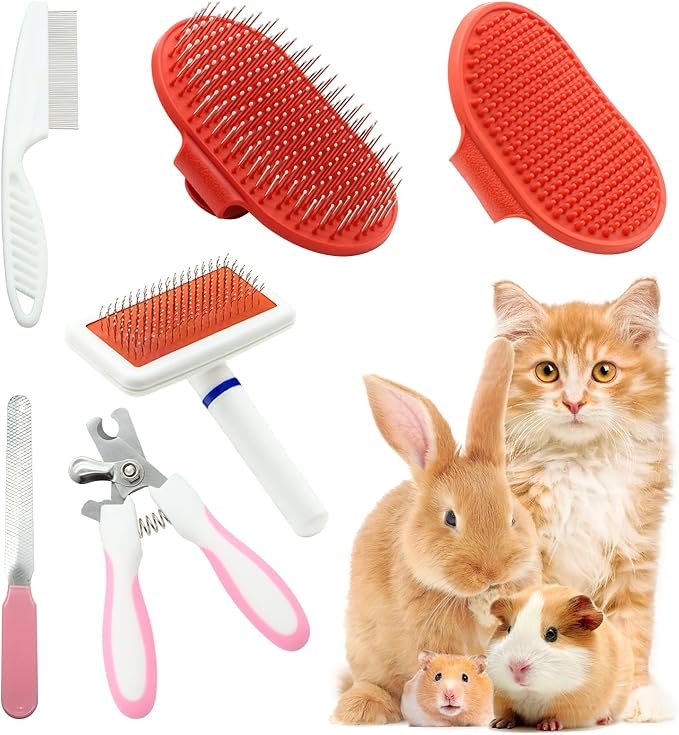 Cat Grooming Kit Set with Pet Shedding Slicker Brush Nail Clipper Trimmer Pet Massage Bath Glove Flea Comb for Bunny Puppy Kitten Guinea Pig Chinchilla Ferret Small Animals (Red, Pink)-Mewly Pet