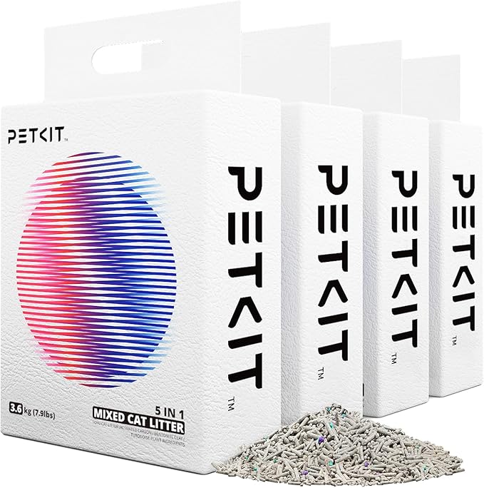 PETKIT Mixed Cat Litter Fast Clumping,Flushable,Ultra Absorbent, 100% Natural Ingredients Litter,Water Dissolvable,Really Dust-Free,Low Tracking Bentonite Tofu Litter ( 7.9 lb×4 Bags)-Mewly Pet