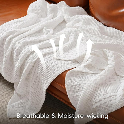 PHF 100% Cotton Waffle Weave Blanket Queen Size for Bed, Soft Lightweight & Breathable, All-Season Comfort, Luxury Aesthetic Woven Bedding for Home Decor, 90"x90", White