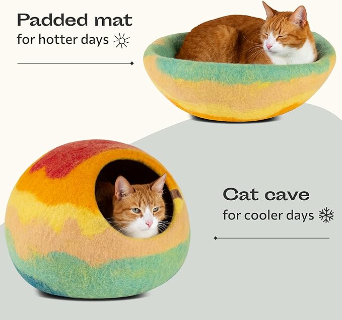 MEOWFIA Cat Cave – Premium Felt Cat Bed for Indoor Cats, Handmade 100% Merino Wool (Medium, Tucson Sunset)-Mewly Pet
