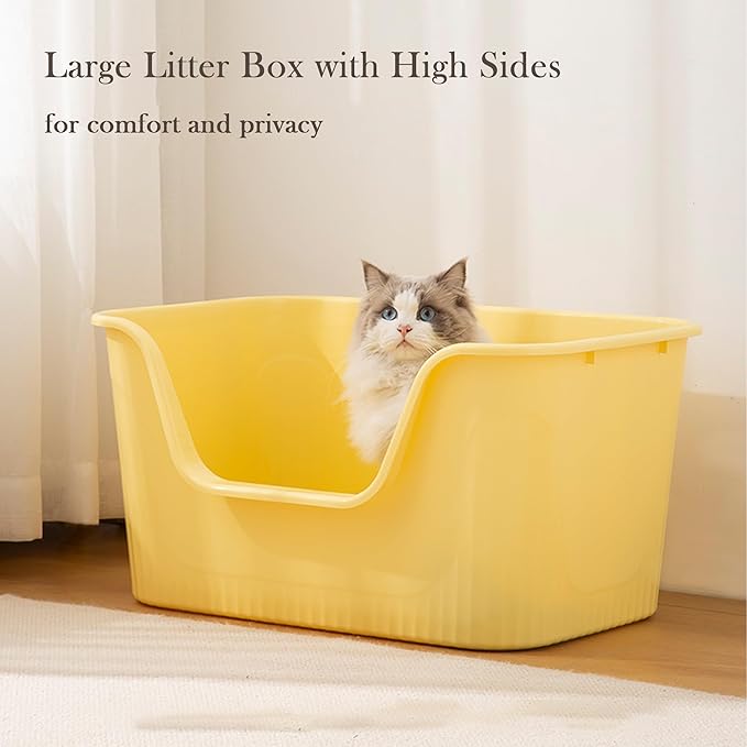 Vealind Jumbo Litter Box, XL Litter Boxes for Big Cats, Extra Large Space, High Sided Litter Pan, Leak-Proof & Anti-Splashing, Easy Clean & Durable (25” * 17” * 13” Yellow)-Mewly Pet