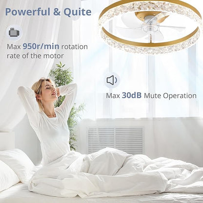 LEDIARY 20" Modern Ceiling Fans with Lights and Remote, Dimmable Low Profile Ceiling Fan, Flush Mount Fan, Stepless Color Temperature Change and 6 Speeds - Gold