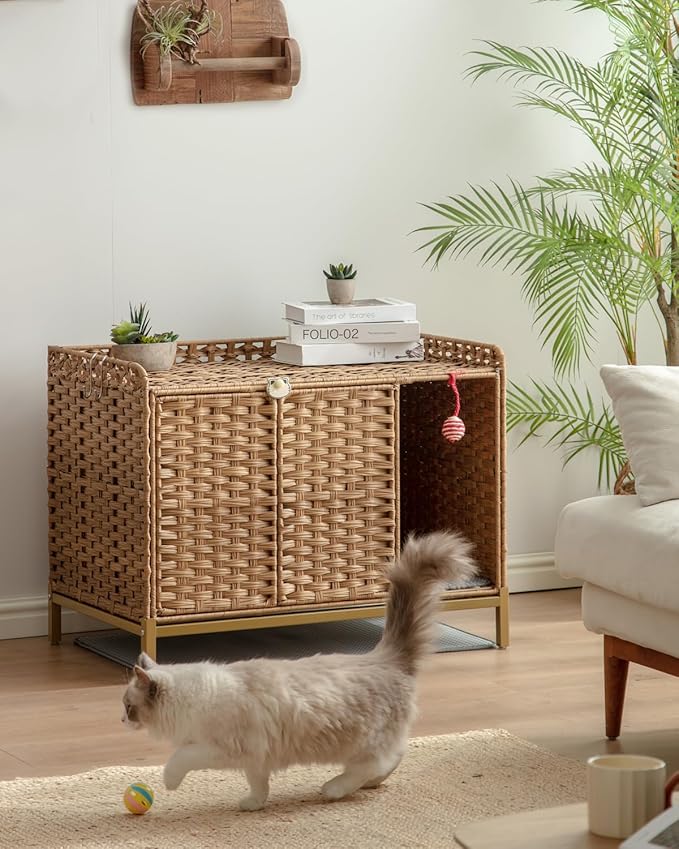 Cat Litter Box Enclosure Furniture with Divider, Handwoven Rattan Litter Box with Mat, 31.2 x 19.6 x 24.2 Inches, Metal Heightened Feet, Hidden Cat House for Living Room, Bedroom (Natural)-Mewly Pet