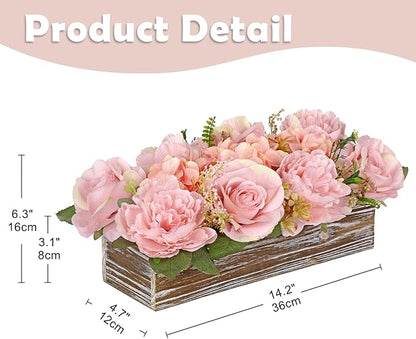 Flower Arrangement with Wooden Vase 14" Artificial Flowers in Pot - Fake Flowers Roses Peonies Hydrangeas in Wooden Vase Potted Artificial Flower Centerpieces for Table Decor Living Room - Dusty Pink