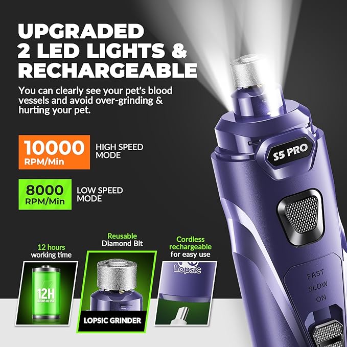 Dog Nail Grinder with 2 LED Lights Powerful 2 Speeds Super Quiet Dog Nail Trimmers with 3 Grinding Wheels Rechargeable Pet Dog Nail Clippers for Large Medium Puppy Dogs Dog Nail File Cat Nail Clipper-Mewly Pet