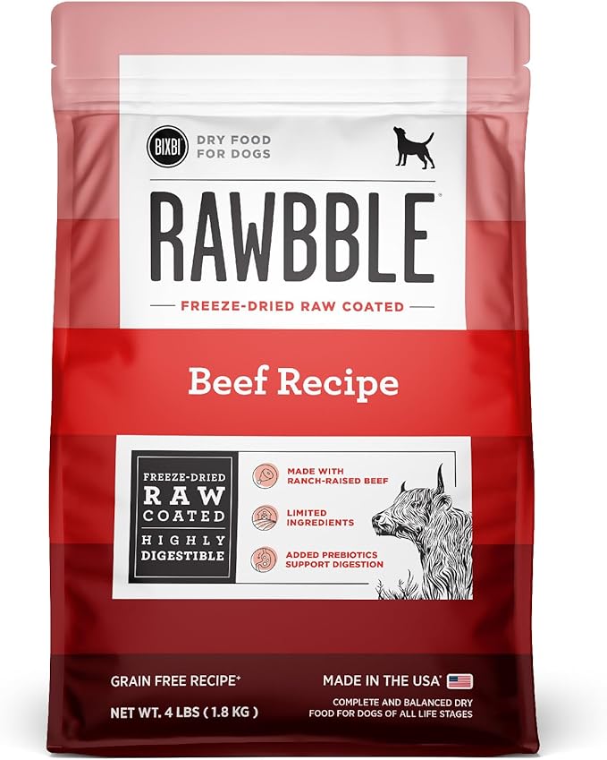 BIXBI Rawbble Dry Dog Food, Beef, 4 lbs - USA Made with No Meat Meals or Fillers - Freeze Dried Raw Coated Dog Food - Industry Leading Digestibility-Mewly Pet