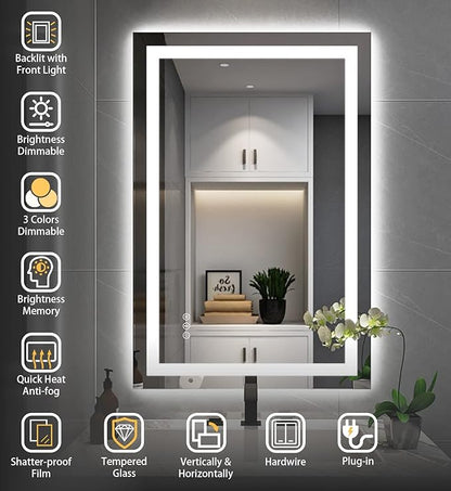 24''x36'' LED Bathroom Mirror with Front + Backlit, Tempered Glass Bathroom Mirror with Lights, Anti-Fog, 3 Colors with Stepless Dimmable Memory Bathroom Vanity Mirror for Wall, Shatterproof