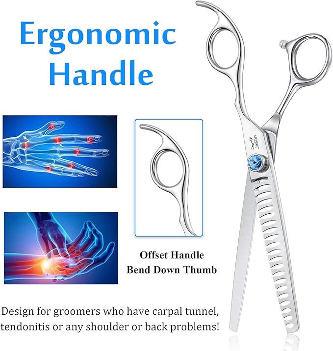 JASON 7 Inch 21-Teeth Chunkers Shears for Dogs, Ergonomic Cats Grooming Texturizing Blending Thinning Shears Pets Trimming Kit with Offset Handle, Sharp, Comfortable Shear-Mewly Pet