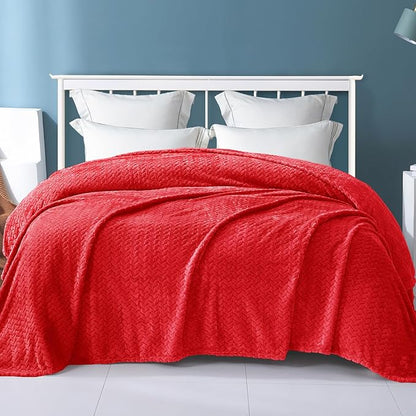 Exclusivo Mezcla Fleece Queen Size Blanket for Bed, 90x90 Inches Soft Cozy Jacquard Flannel Blankets, Lightweight Fuzzy Plush Warm for Winter, Red