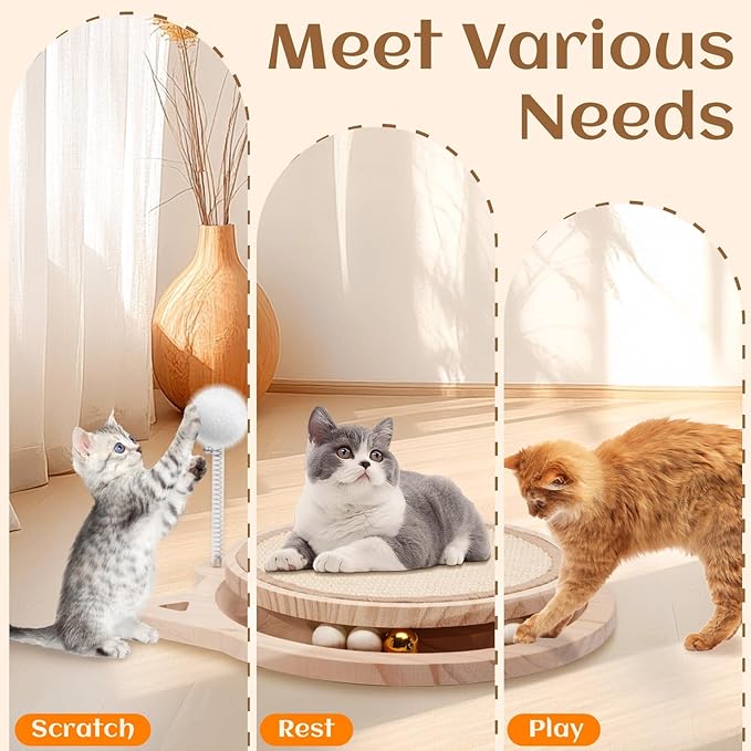 Natural Sisal Cat Scratcher, Round Cat Toys for Indoor Cats Interactive Toys with Ball Track Spring Ball, Kitten Toys for Chasing Hunting Mental Physical Exercise Puzzle-Mewly Pet