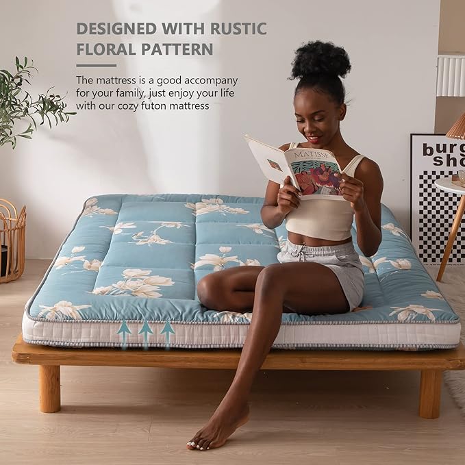 MAXYOYO Floral Printed Futon Mattress, Japanese Floor Mattress Quilted Bed Mattress Topper, Extra Thick Folding Sleeping Pad Breathable Floor Lounger Guest Bed for Camping Couch, Full Size
