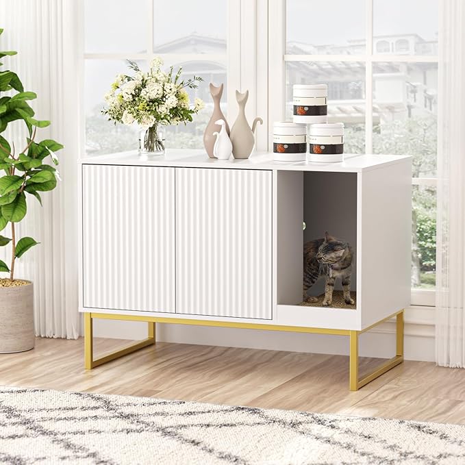 Cat Litter Box Enclosure, Fluted Hidden Litter Box Furniture with Scratch Pad and Metal Legs, Modern Enclosed Cat Cabinet, 31.5 x 17.7 x 21.7 Inches Indoor Pet House for Living Room, Washroom, White-Mewly Pet