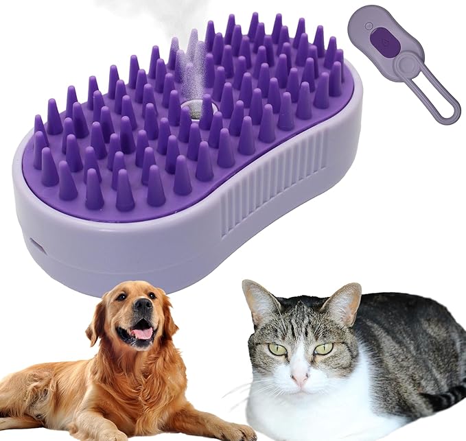 Cat Steam Brush, Helps Reduce Cat Hair, Easy Cleaning Top, Steam Brush with Silicone Massage Bristles for Cats or Dogs, Best for Long-haired Cats or Dogs (Purple)-Mewly Pet