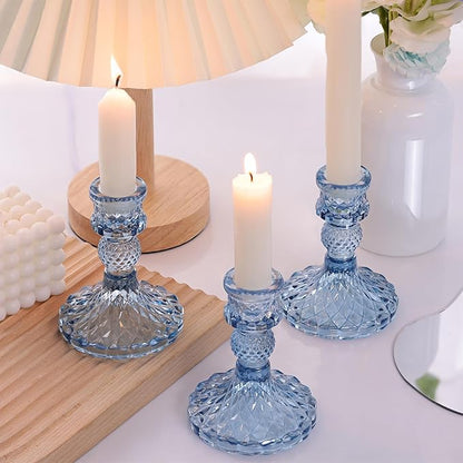DARJEN 12Pcs 4" H Aqua Blue Candlestick Holders Set- Taper Candle Holders Bulk, Glass Candle Holders for Wedding, Party, Romantic Dinner Table Centerpieces, Festival Gifts & Windowsill Decor