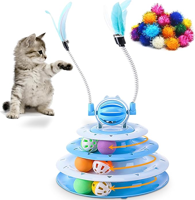 Vealind Cat Toy Roller 4-Level Turntable Cat Toys Balls with Colorful Pom Pom Balls Interactive Fun Mental Physical Exercise Puzzle Kitten Toys (Blue)-Mewly Pet
