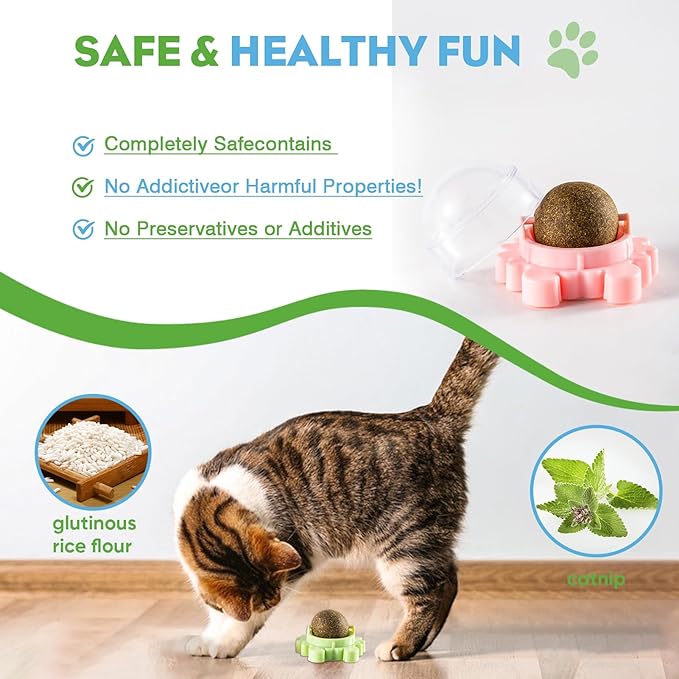 4 Pack Catnip Balls Roller Wall Ball for Cats Spinning Catnip Station Licking Balls Organic Cat nip Chew Ball for Teeth Cleaning & Play-Mewly Pet