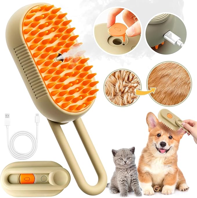Cat Steam Brush for Shedding, 2025 New 4 in 1 Rechargeable Steam Pet Brushes for Cats & Dogs, Indoor Anti-static Pets Brush for Massage, Cleaning, Shedding & Combing Hair (Beige)-Mewly Pet