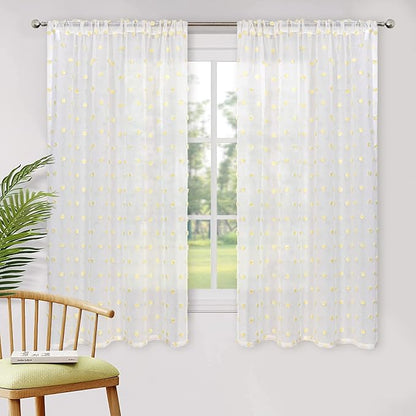 MYSKY HOME Yellow Curtains for Girls Bedroom Nursery Pom Pom Curains for Boys Girls Kids Room White Sheer Curtains for Living Room Playroom Rod Pocket Window 52" x 63" Set of 2