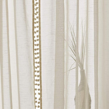 Treatmentex Sheer Linen-Look Curtains 95in Bedroom Decorative Pompom Trimmed Voile for Living Room Slub Textured Natural Window Curtain Panels 2pcs