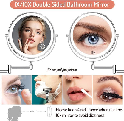 Rocollos Rechargeable Wall Mounted Lighted Makeup Mirror Chrome, 8 Inch Double-Sided LED Vanity Mirror 1X/10X Magnification,3 Color Lights Touch Screen Dimmable 360°Swivel 13 Inch Extendable