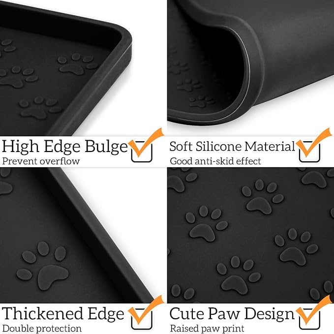 Ptlom Pet Placemat for Dog and Cat, Mat for Prevent Food and Water Overflow, Suitable for Small, Medium and Big Pet,24.5" 16.5", Black-Mewly Pet