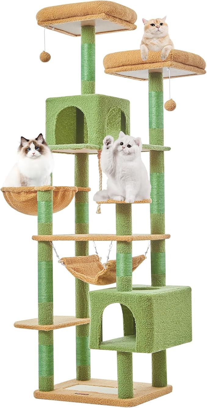 Taoqimiao Cat Tree, 71-Inch Cat Tree Cat Tower for Indoor Cats, Plush Multi-Level Cat Condo with 10 Scratching Posts, 2 Perches,Basket, 2 Caves,Hammock, 2 Pompoms,MS020T Cactus-Mewly Pet