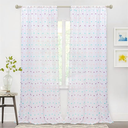 MYSKY HOME Extra Long Rainbow Pom Pom Curtains - 120 Inch, Multi-Color Sheer Curtains for Living Room, Sliding Door, Light Filtering, Semi-Rod Pocket, Large Window Panels, 52 x 120 inch, 2 Panels